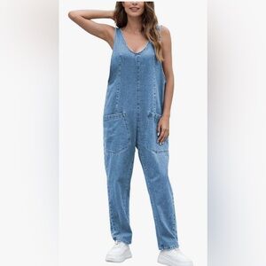 Women's Blue Baggy High Roller Free People Jean Jumpsuit Dupe